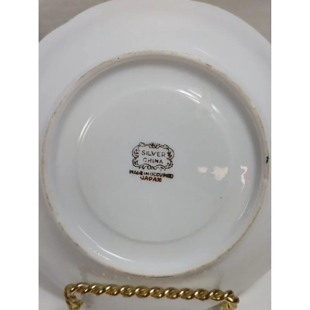 Silver China Occupied Japan Green Hand Painted Flowers Gold Trim Saucer Set Of 3